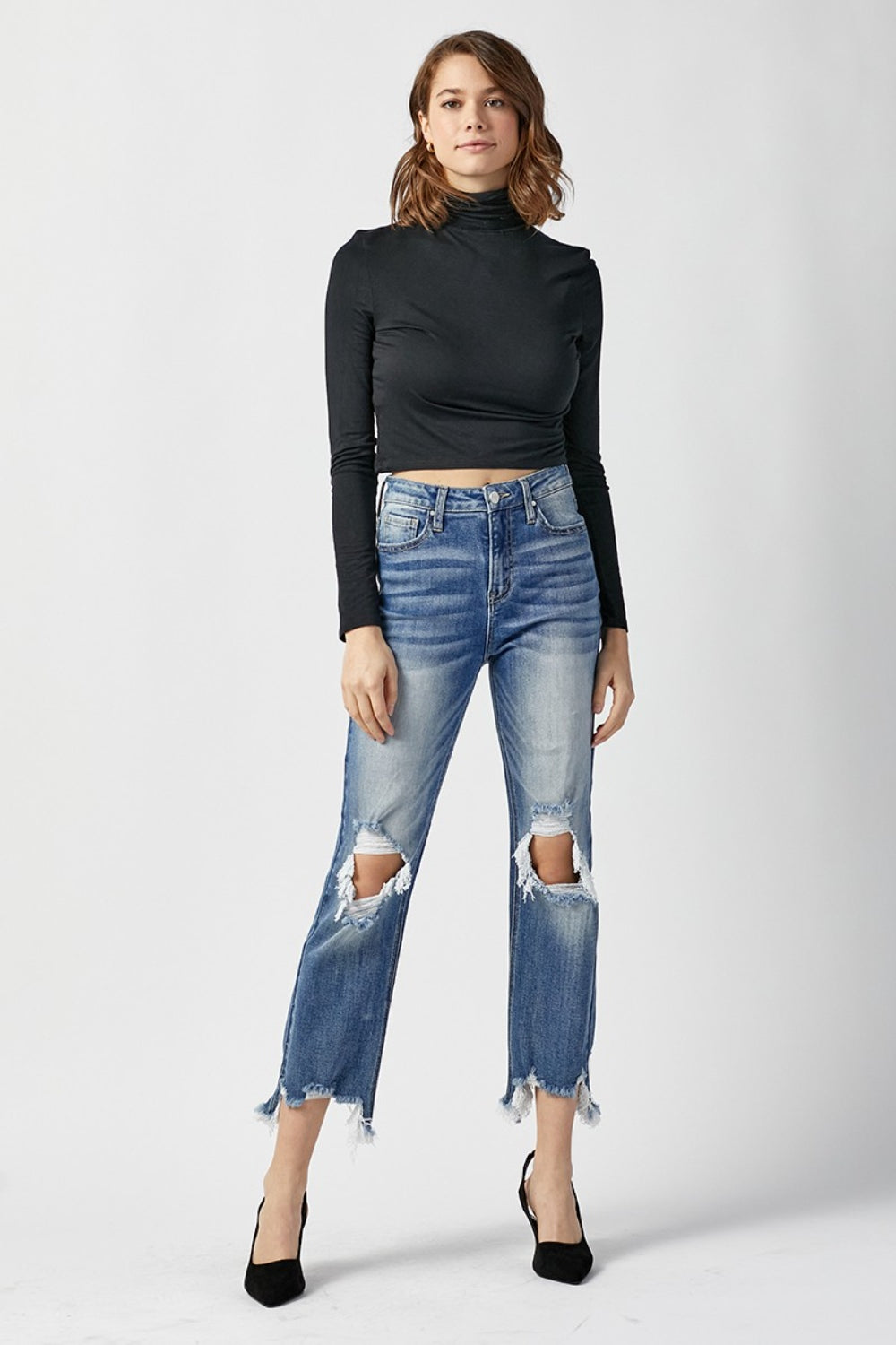 High Waist Distressed Frayed Hem Cropped Straight Jeans - The Daily Makeover