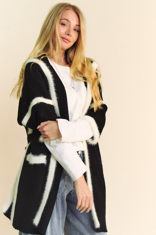 Davi & Dani Fuzzy Trim Open Front Loose Fit Cardigan - The Daily Makeover