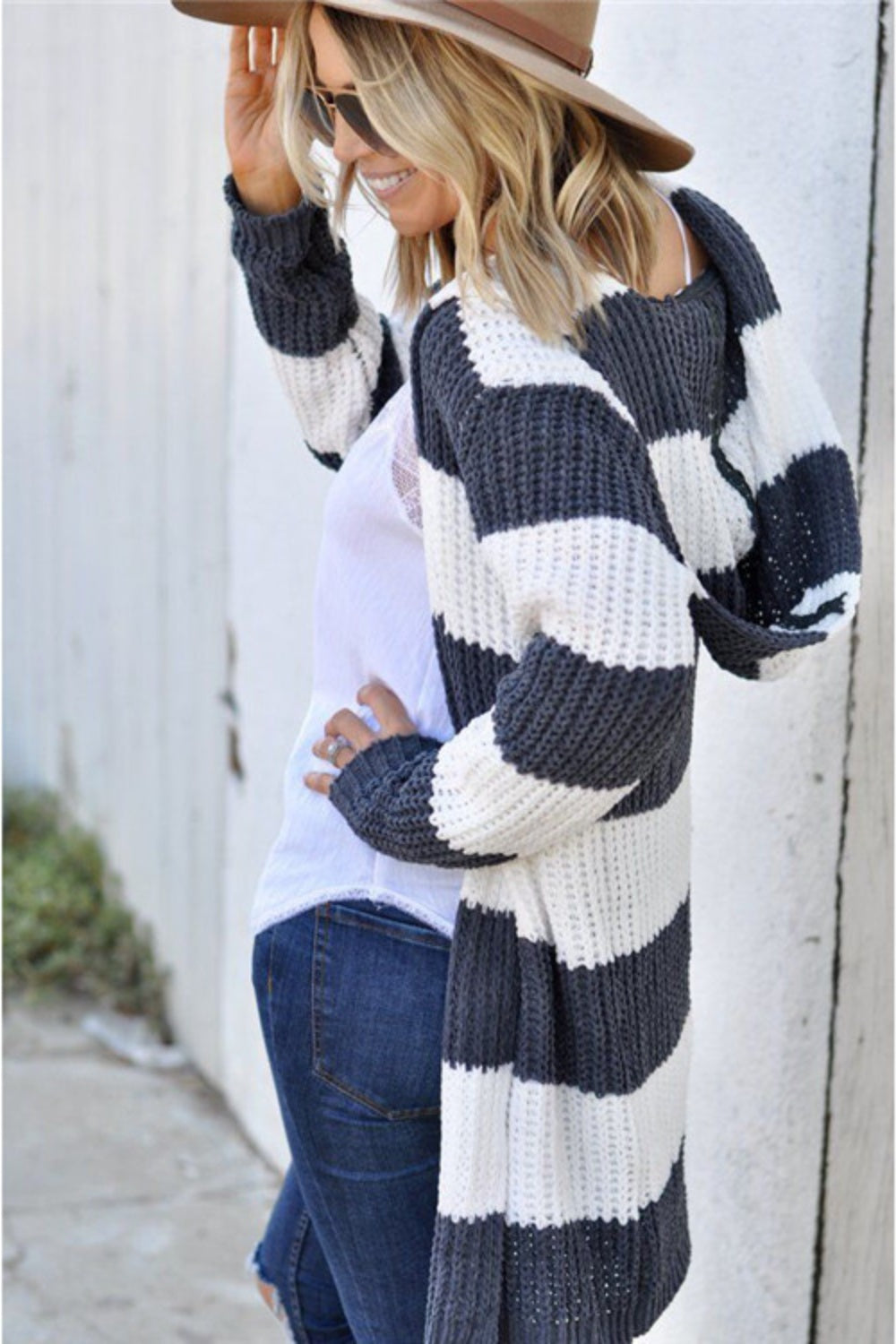 Contrast Stripes Open Front Long Sleeve Cardigan - The Daily Makeover