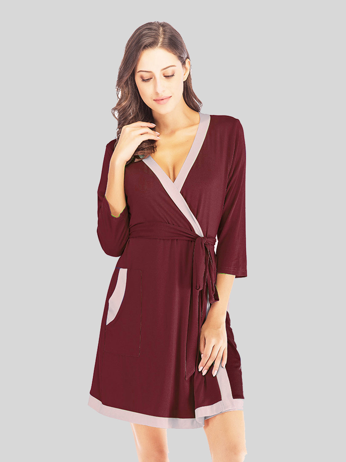 Tie Waist Surplice Neck Robe with Pockets - The Daily Makeover