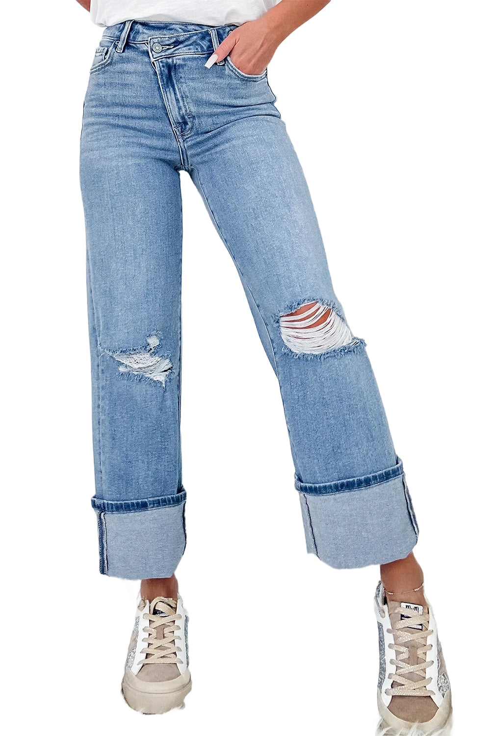 Dusk Blue High Rise Asymmetric Button Zip Fly Ripped Jeans - The Daily Makeover