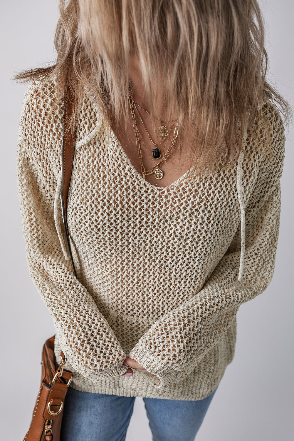 Openwork Dropped Shoulder Hooded Knit Top - The Daily Makeover