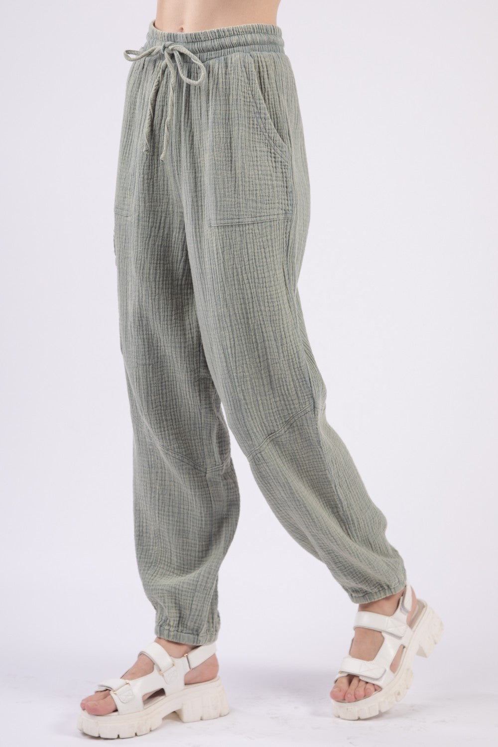 VERY J Washed Woven Crinkle Gauze Drawstring Pants - The Daily Makeover