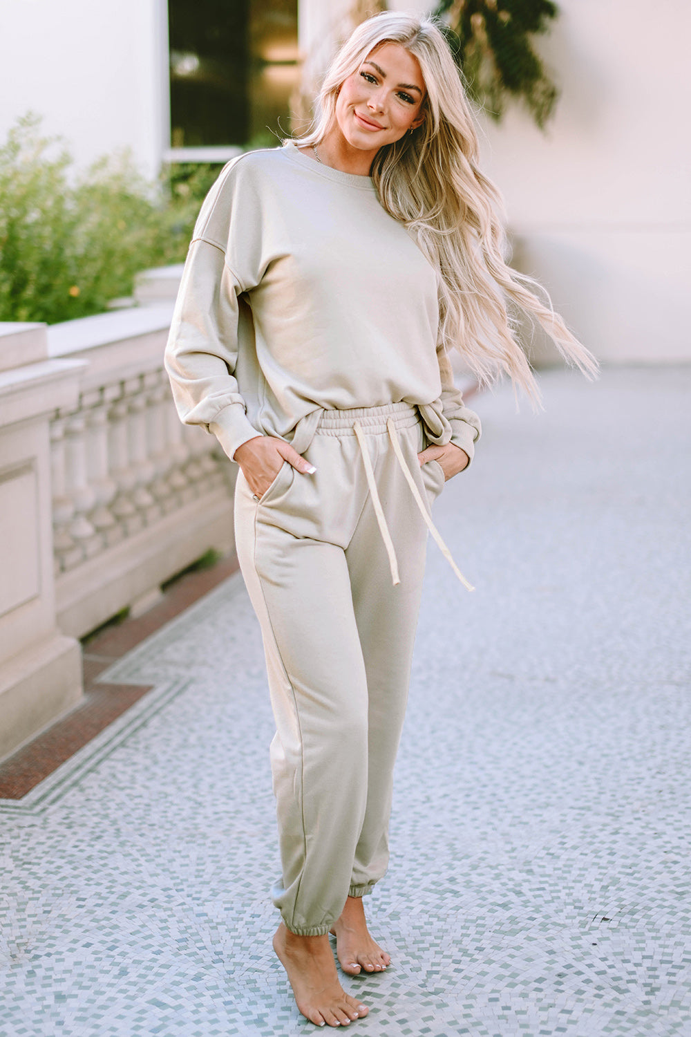 Round Neck Dropped Shoulder Top and Pants Lounge Set - The Daily Makeover