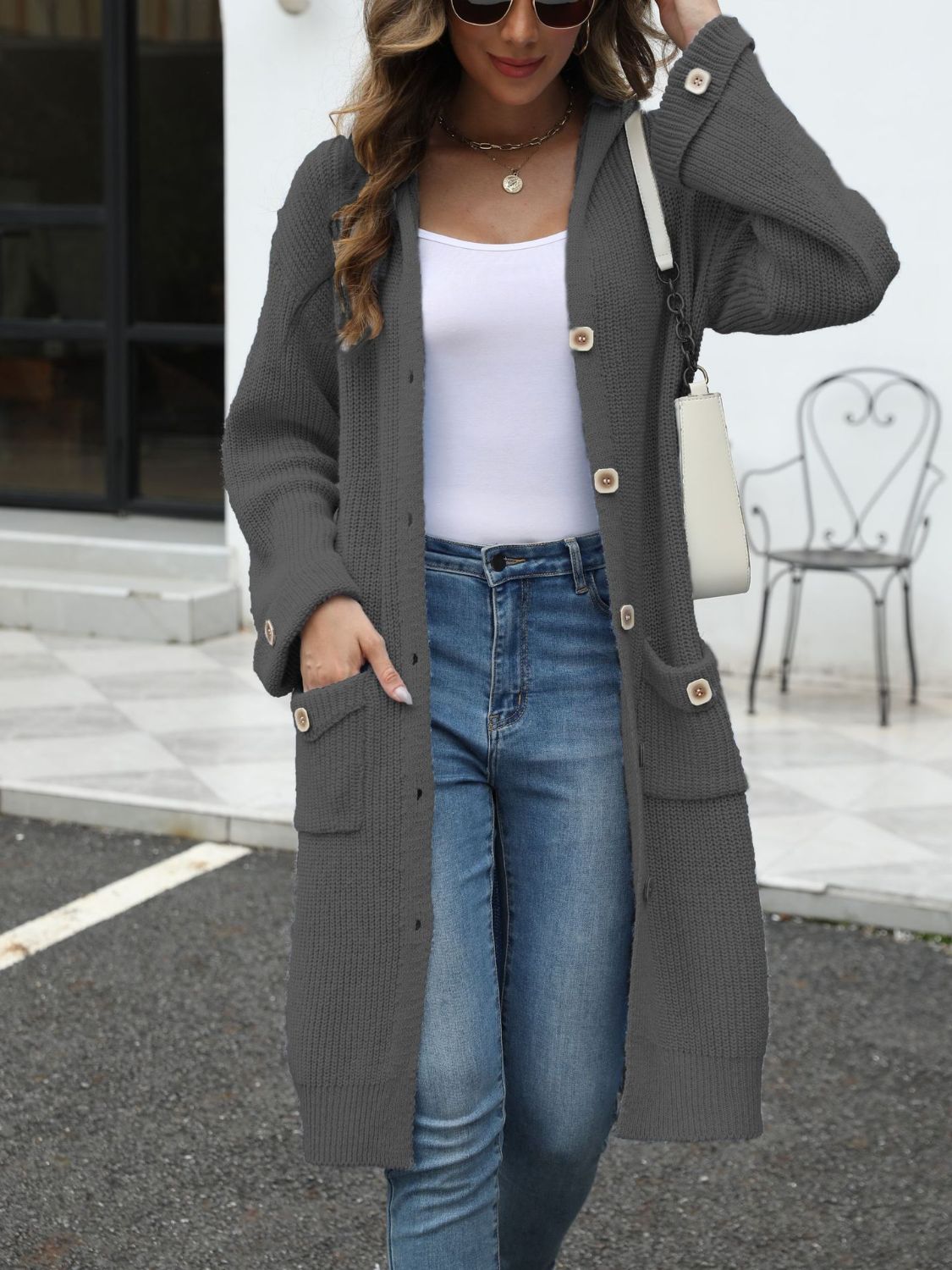 Pocketed Button Up Long Sleeve Hooded Cardigan - The Daily Makeover