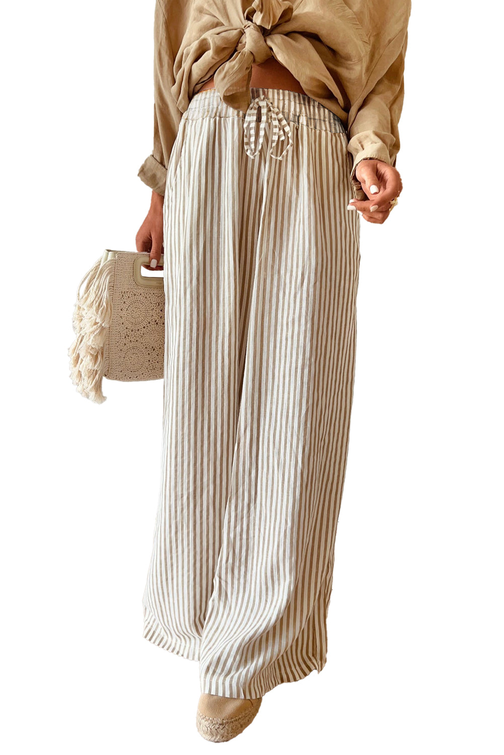 Khaki Striped Drawstring Waist Loose Pants - The Daily Makeover