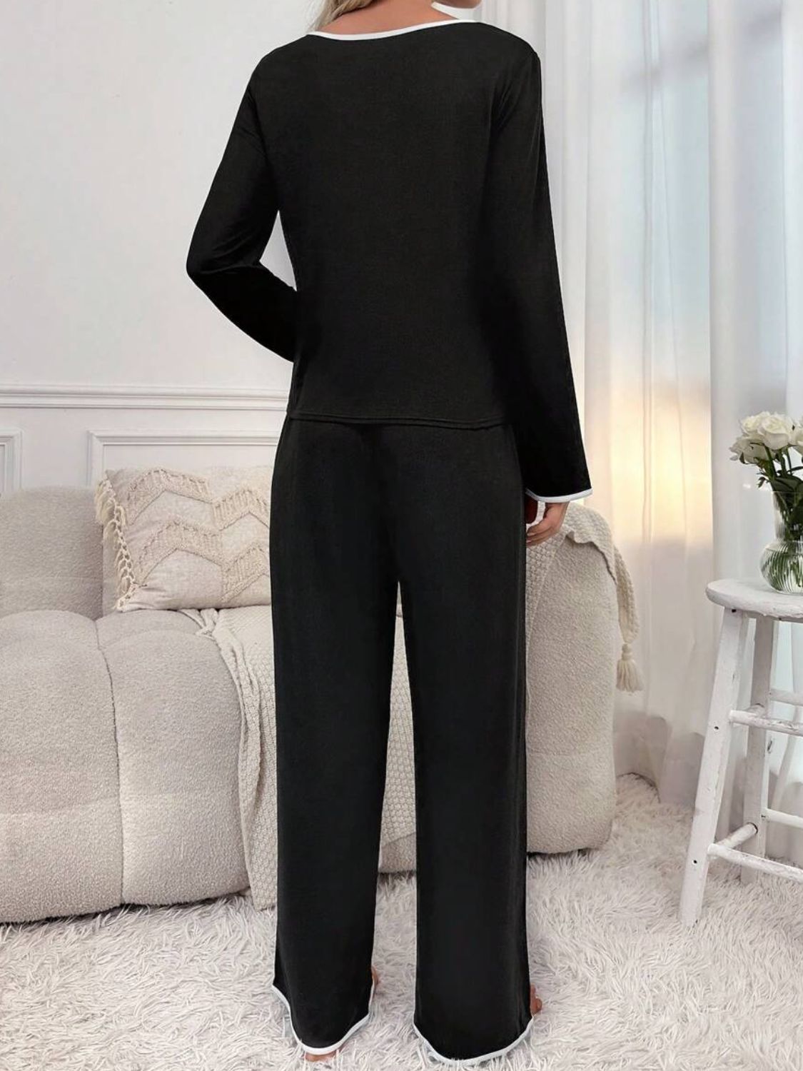Contrast Trim Notched Long Sleeve Top and Pants Lounge Set - The Daily Makeover