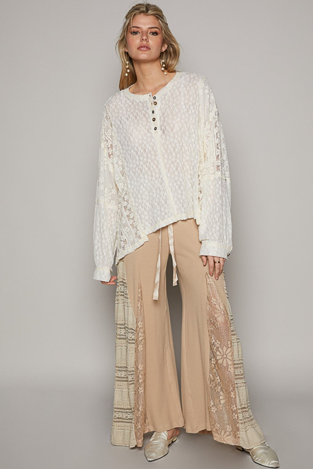 POL Round Neck Long Sleeve Raw Edge Lace Top - The Daily Makeover