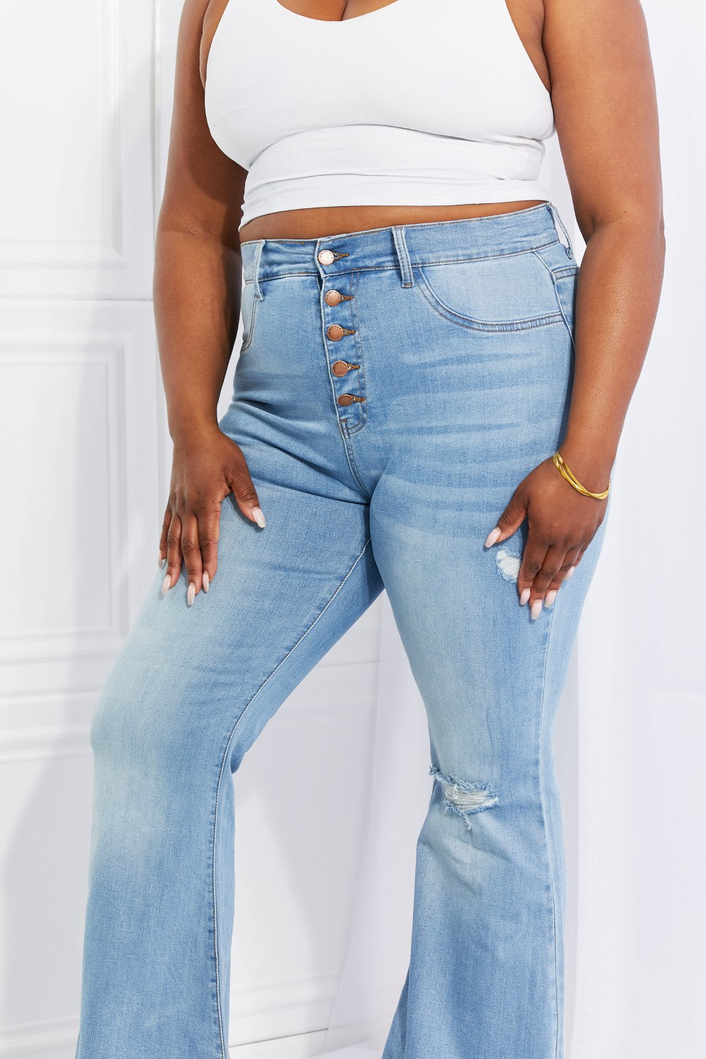 Vibrant MIU Full Size Jess Button Flare Jeans - The Daily Makeover