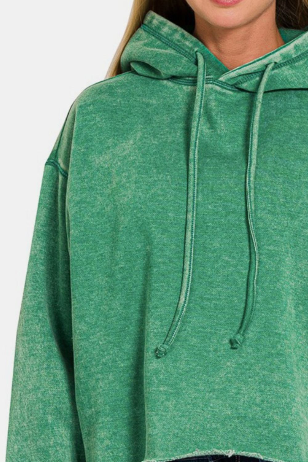 Zenana Acid Wash Fleece Cropped Hoodie - The Daily Makeover