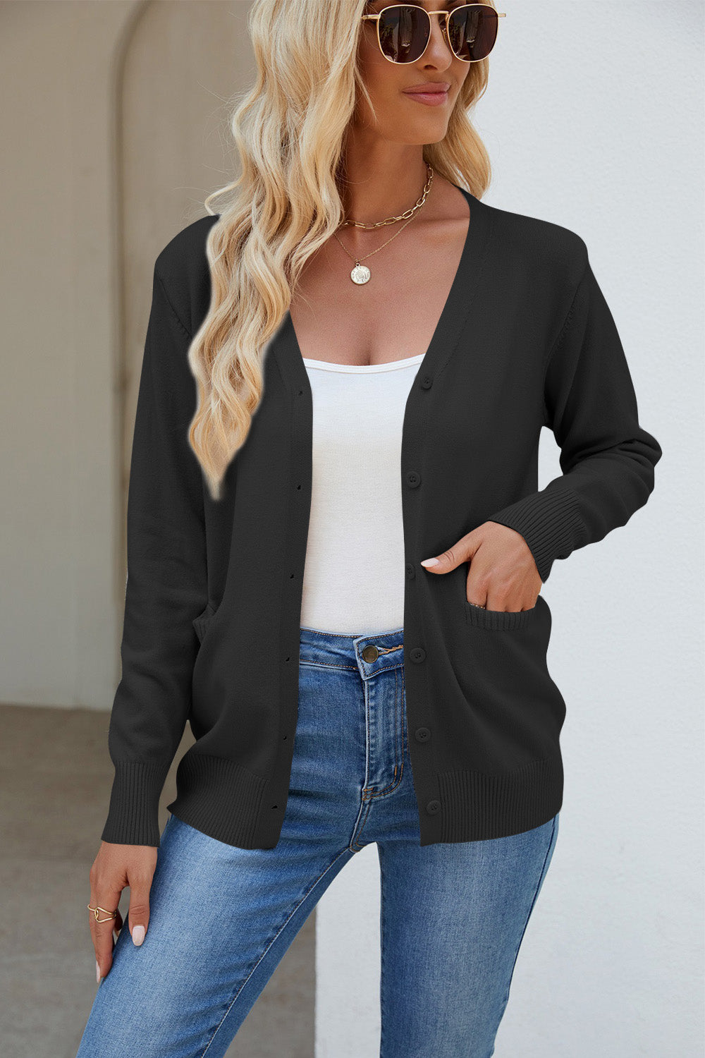 Pocketed V-Neck Button Up Long Sleeve Cardigan - The Daily Makeover