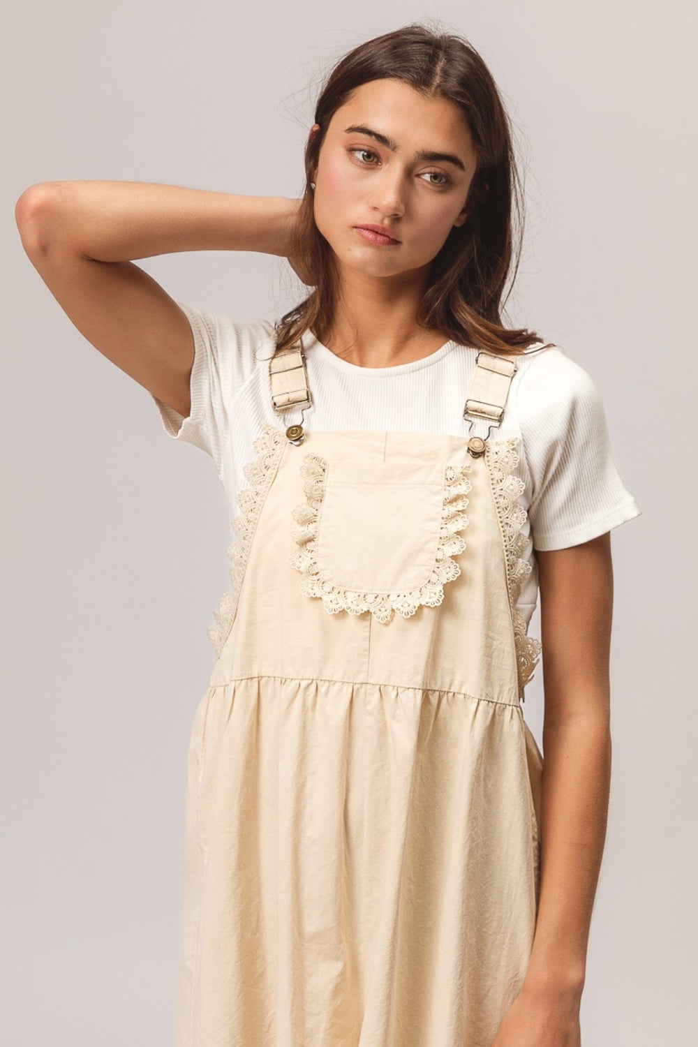 BiBi Back Patch Pocket Lace Trim Rompers - The Daily Makeover