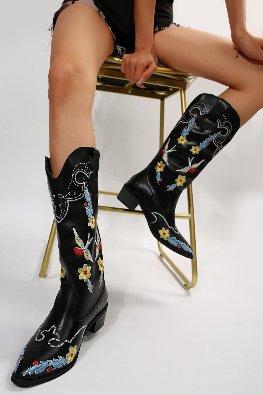 Embroidered Point Toe Block Heel Boots - The Daily Makeover