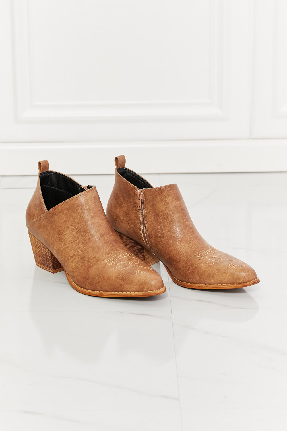 MMShoes Trust Yourself Embroidered Crossover Cowboy Bootie in Caramel - The Daily Makeover