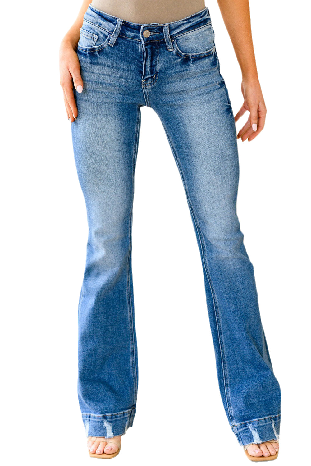Sky Blue Slight Distressed Washed Flare Jeans - The Daily Makeover