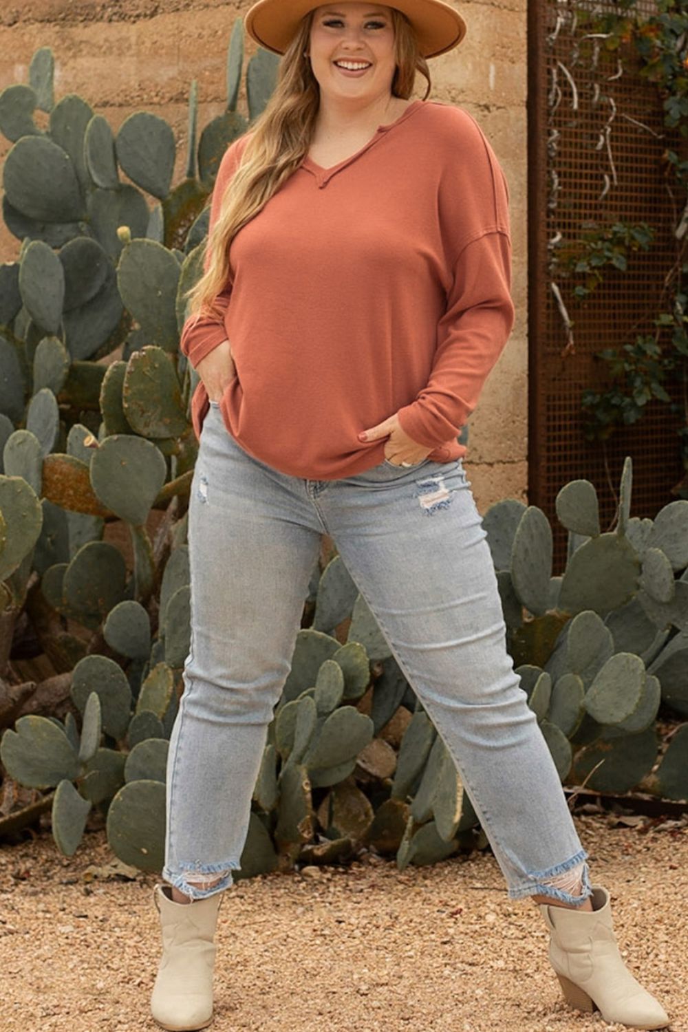 Plus Size Notched Long Sleeve T-Shirt - The Daily Makeover