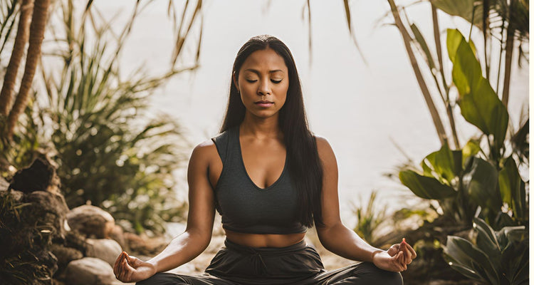Women sitting among tropical plants meditating