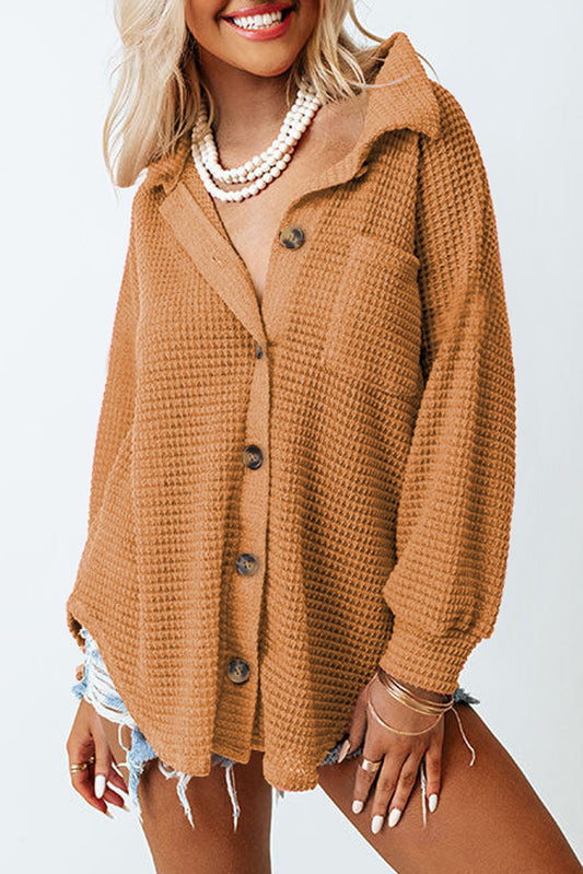 Waffle-Knit Collared Neck Long Sleeve Shirt - The Daily Makeover