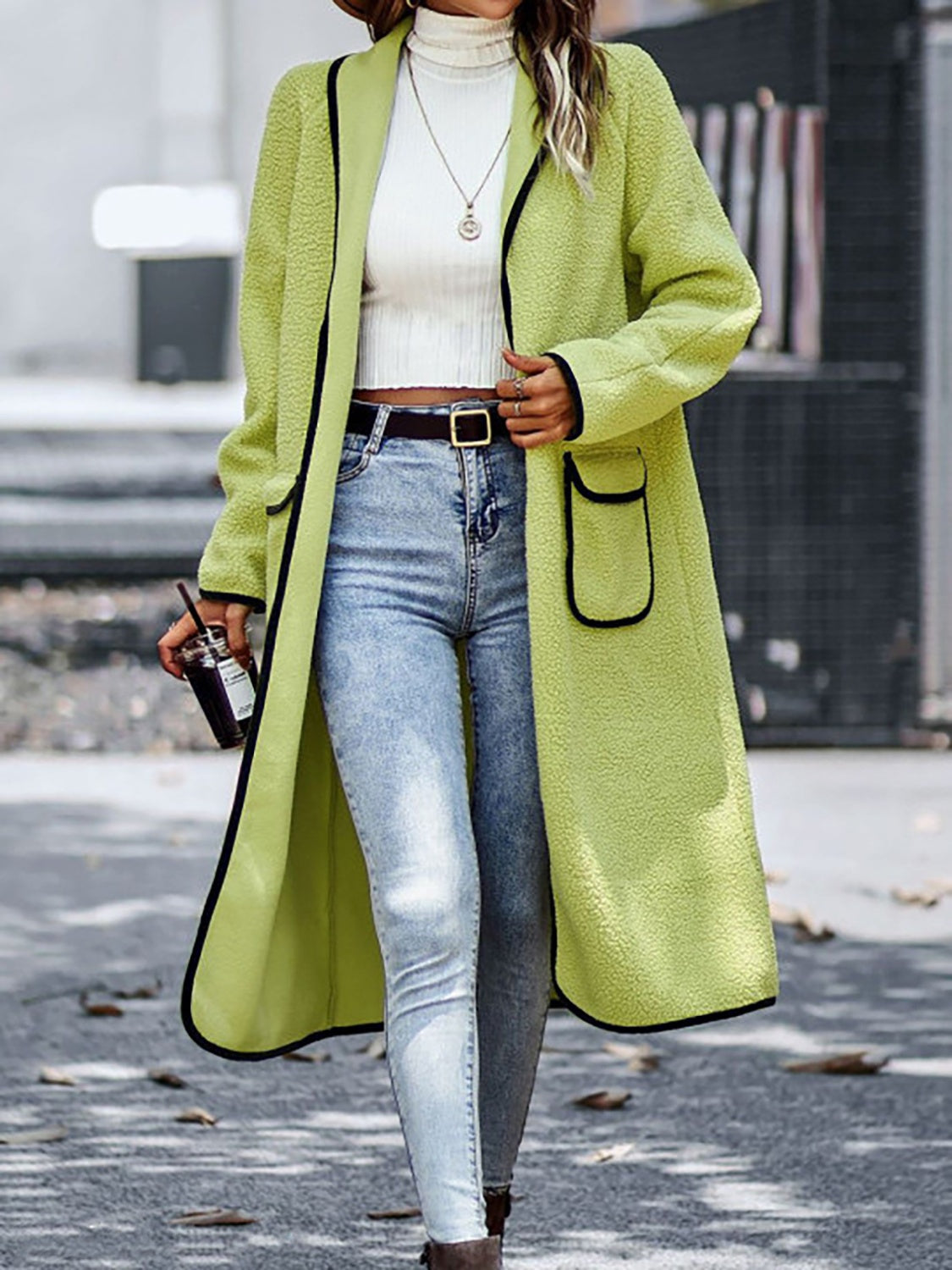 Full Size Contrast Trim Long Sleeve Coat with Pockets - The Daily Makeover