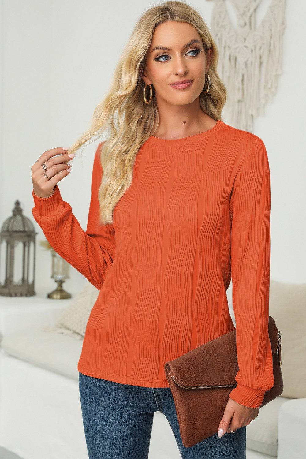 Textured Round Neck Long Sleeve Blouse - The Daily Makeover