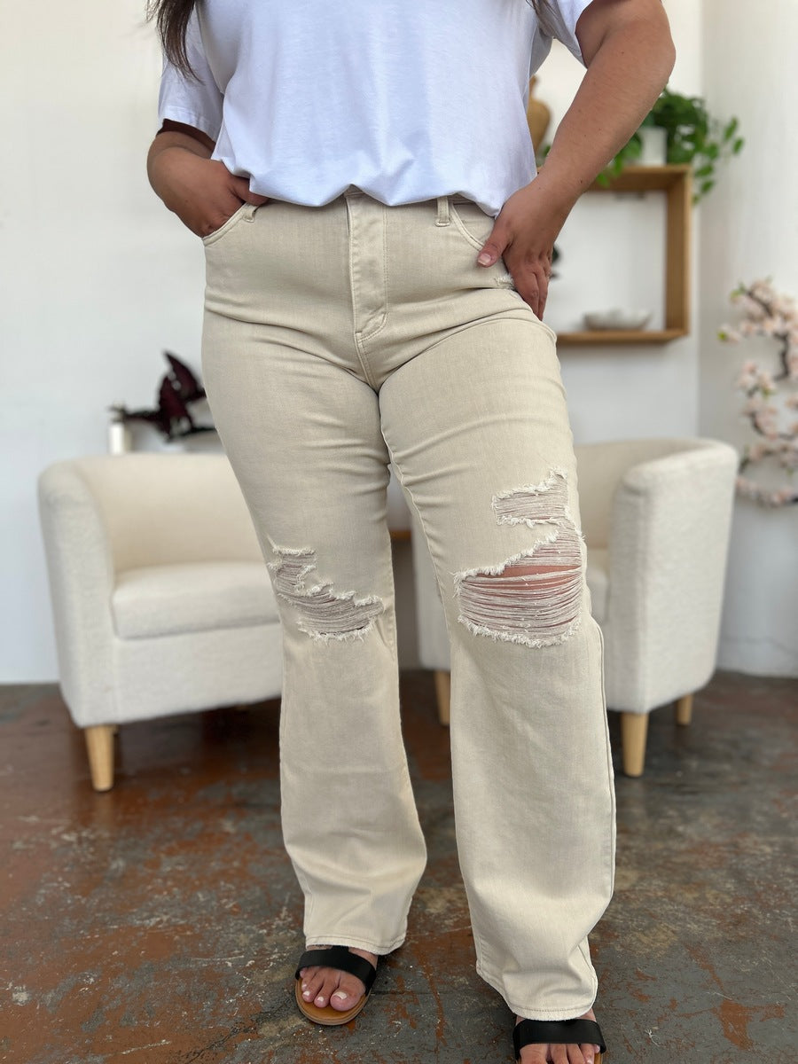 Judy Blue Full Size High Waist Distressed Wide Leg Jeans - The Daily Makeover