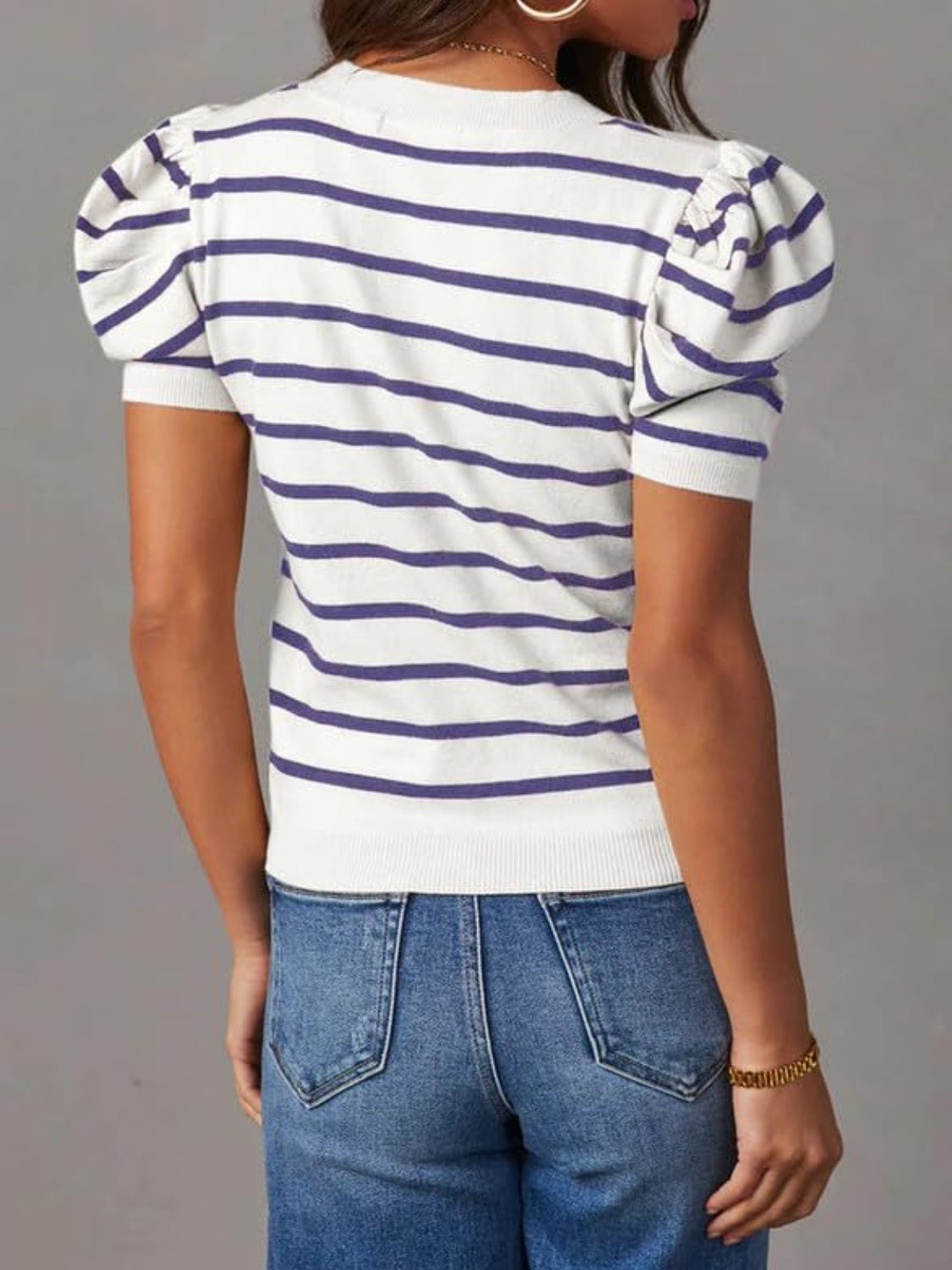 Striped Round Neck Puff Sleeve Knit Top - The Daily Makeover