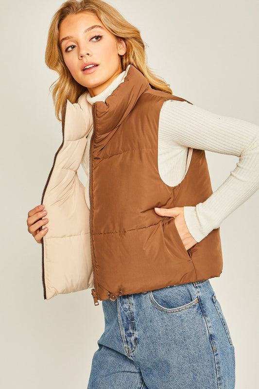 Love Tree Zip Up Cropped Contrast Reversible Vest - The Daily Makeover