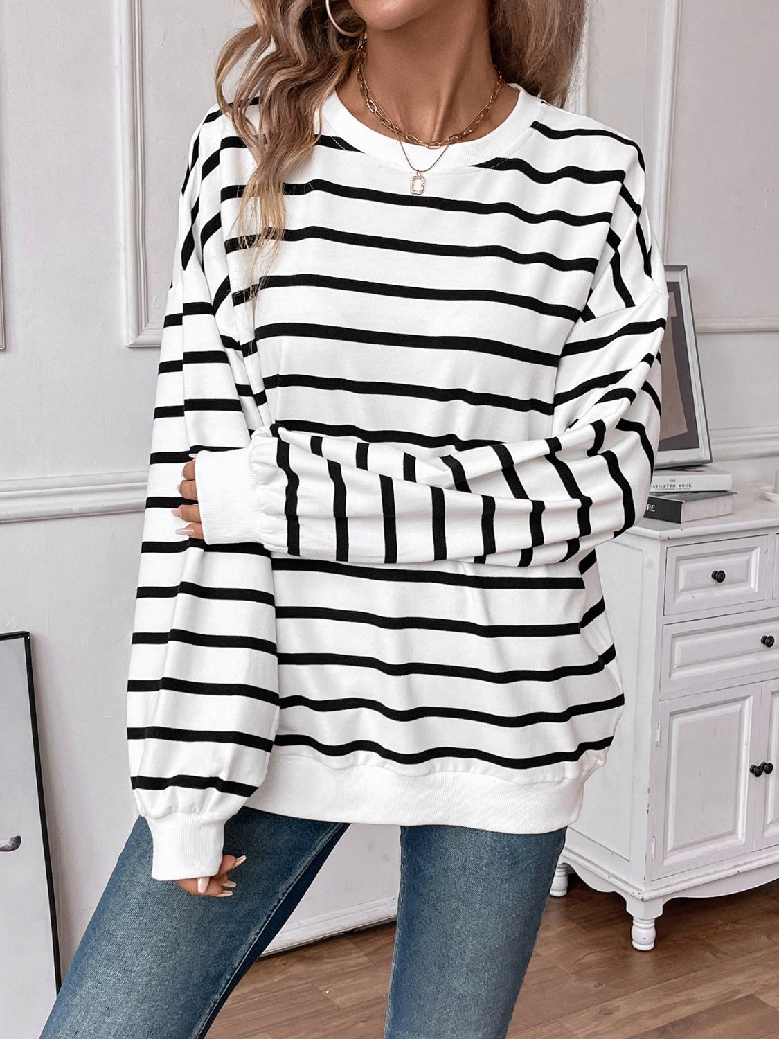 Striped Round Neck Long Sleeve Sweatshirt - The Daily Makeover