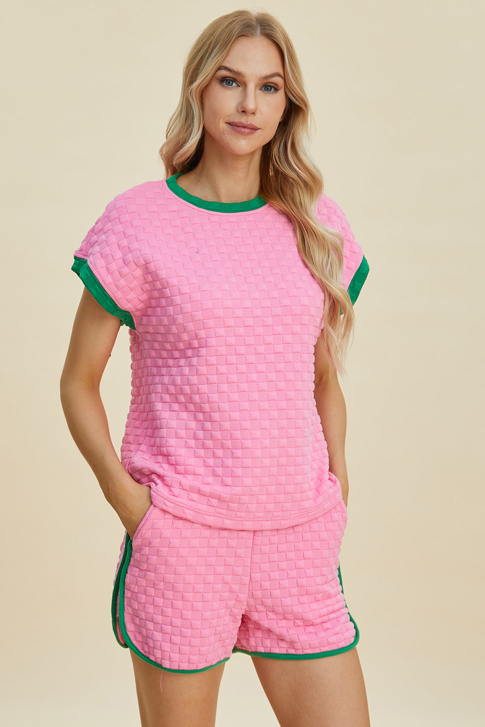 Double Take Full Size Texture Contrast T-Shirt and Shorts Set - The Daily Makeover