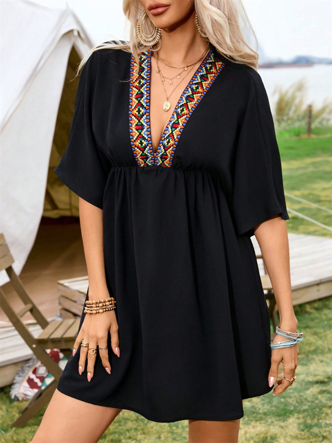 Embroidered Plunge Half Sleeve Mini Dress - The Daily Makeover