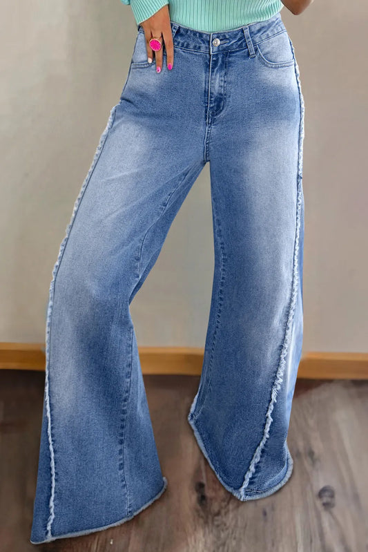 Raw Hem Wide Leg Jeans with Pockets - The Daily Makeover