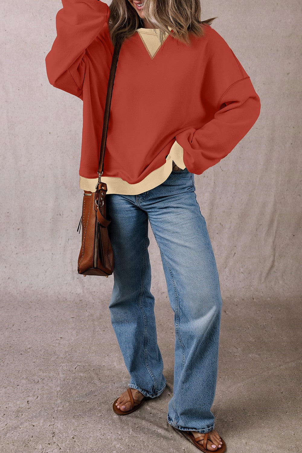 Contrast Round Neck Long Sleeve Sweatshirt - The Daily Makeover