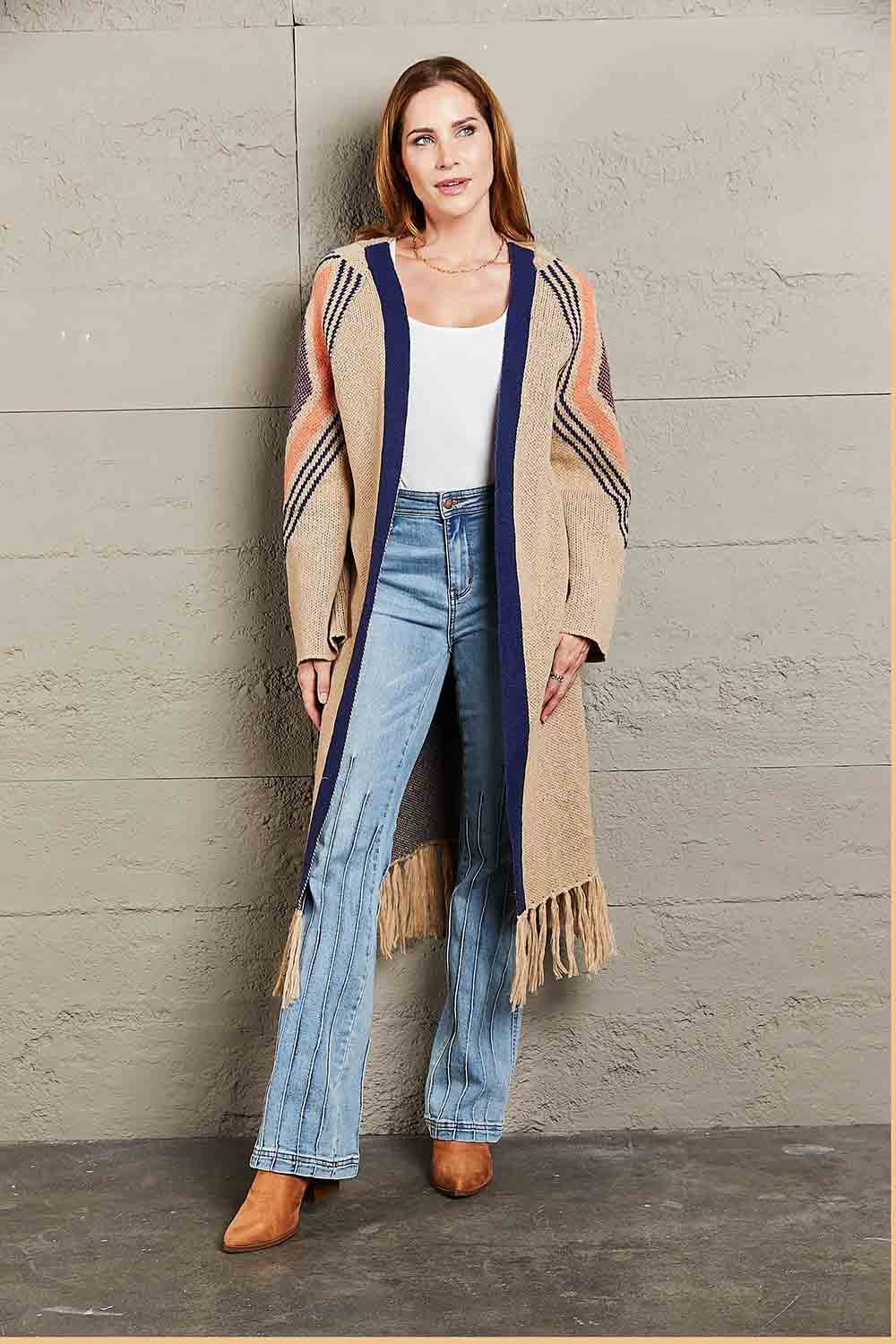 Angel Wings Geometric Fringe Hem Open Front Duster Cardigan - The Daily Makeover