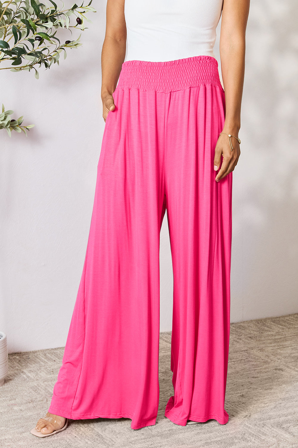 Double Take Full Size Smocked Wide Waistband Wide Leg Pants - The Daily Makeover