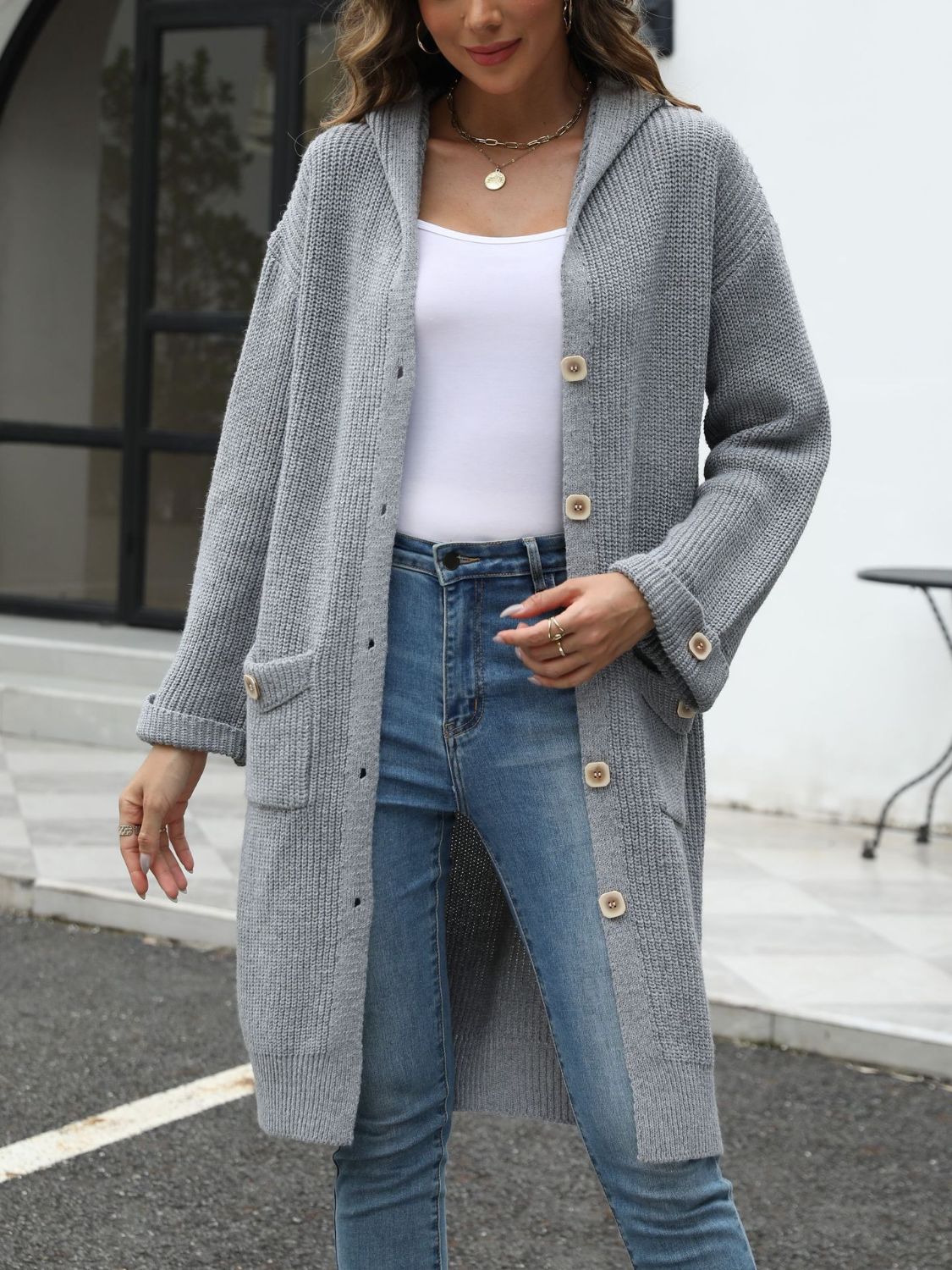 Pocketed Button Up Long Sleeve Hooded Cardigan - The Daily Makeover