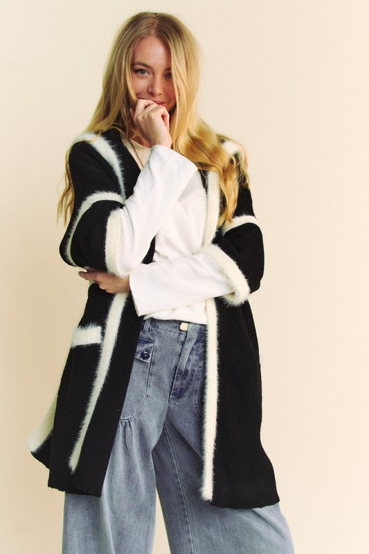 Davi & Dani Fuzzy Trim Open Front Loose Fit Cardigan - The Daily Makeover