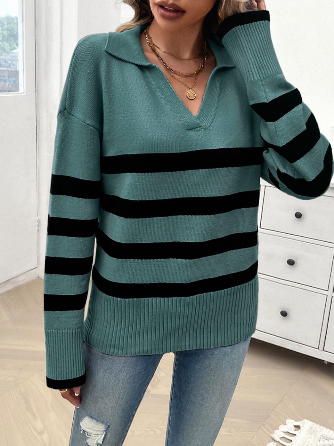 Striped Collared Neck Long Sleeve Sweater - The Daily Makeover