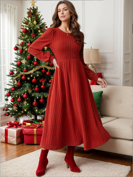 Ribbed Round Neck Long Sleeve Dress - The Daily Makeover