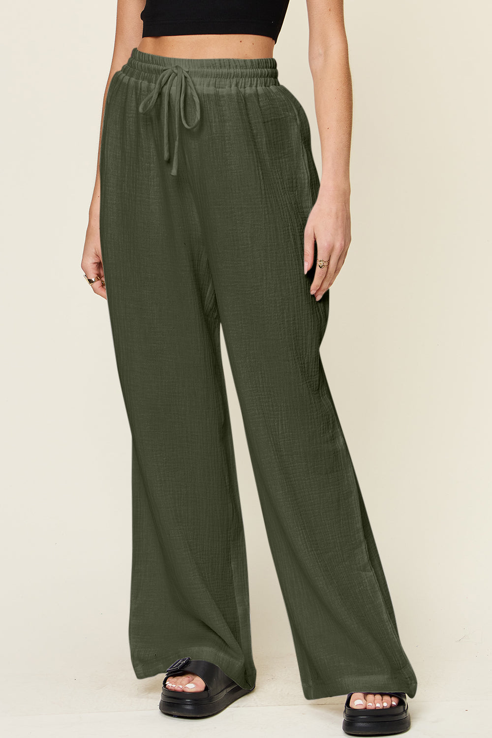 Double Take Full Size Texture Drawstring Wide Leg Pants - The Daily Makeover
