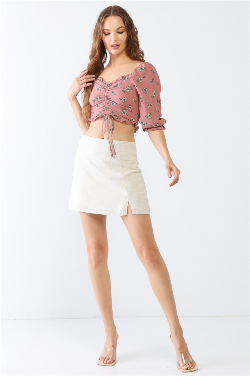 Miss Love / Kevin Co. Floral Ruffle Smocked Back Ruched Crop Top - The Daily Makeover