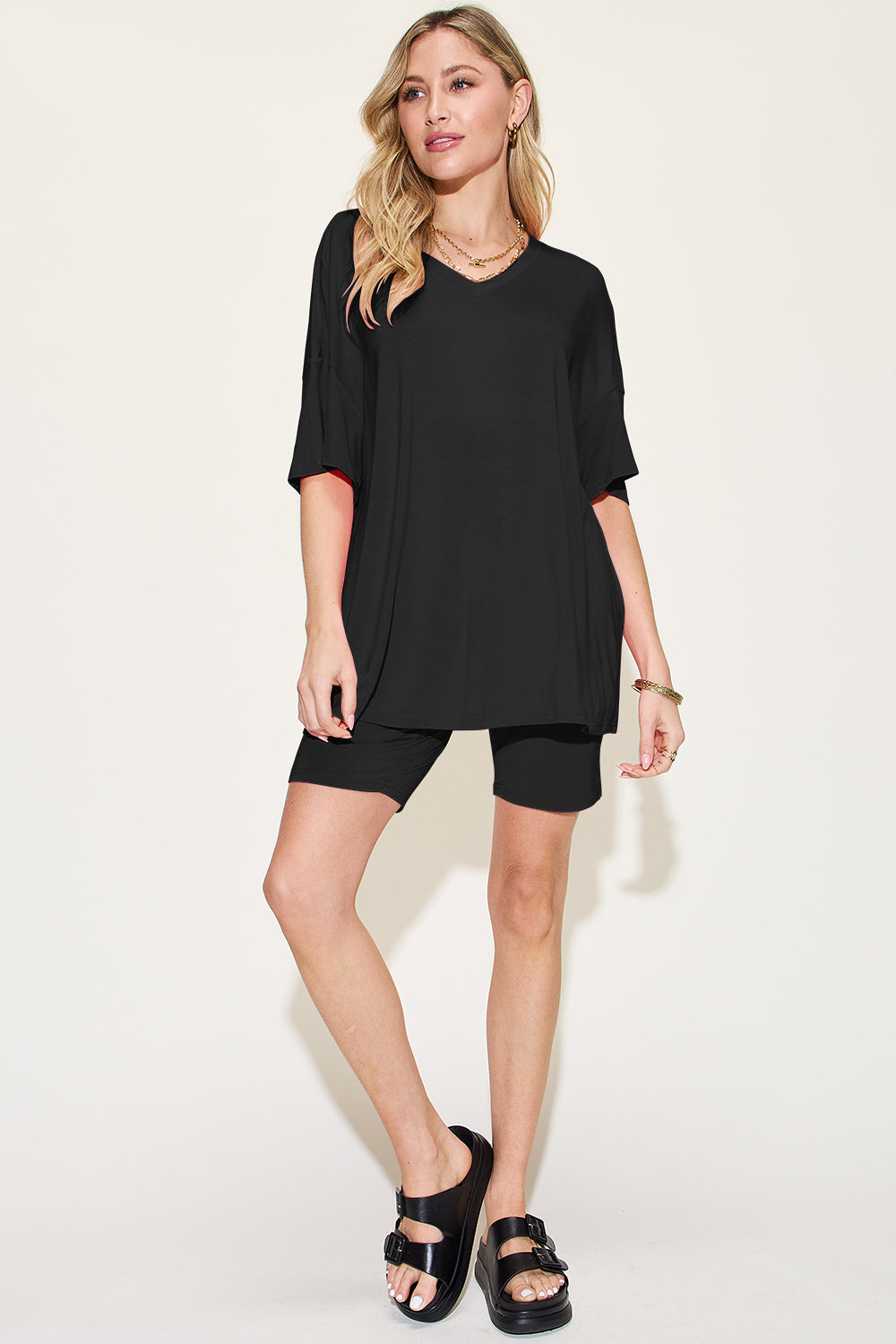 Bamboo Full Size V-Neck Drop Shoulder T-Shirt and Shorts Set - The Daily Makeover