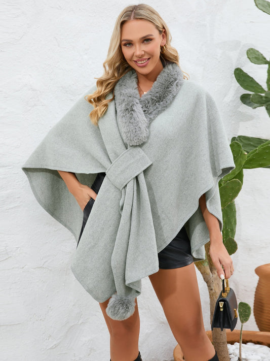 Fuzzy Trim Open Front Poncho - The Daily Makeover