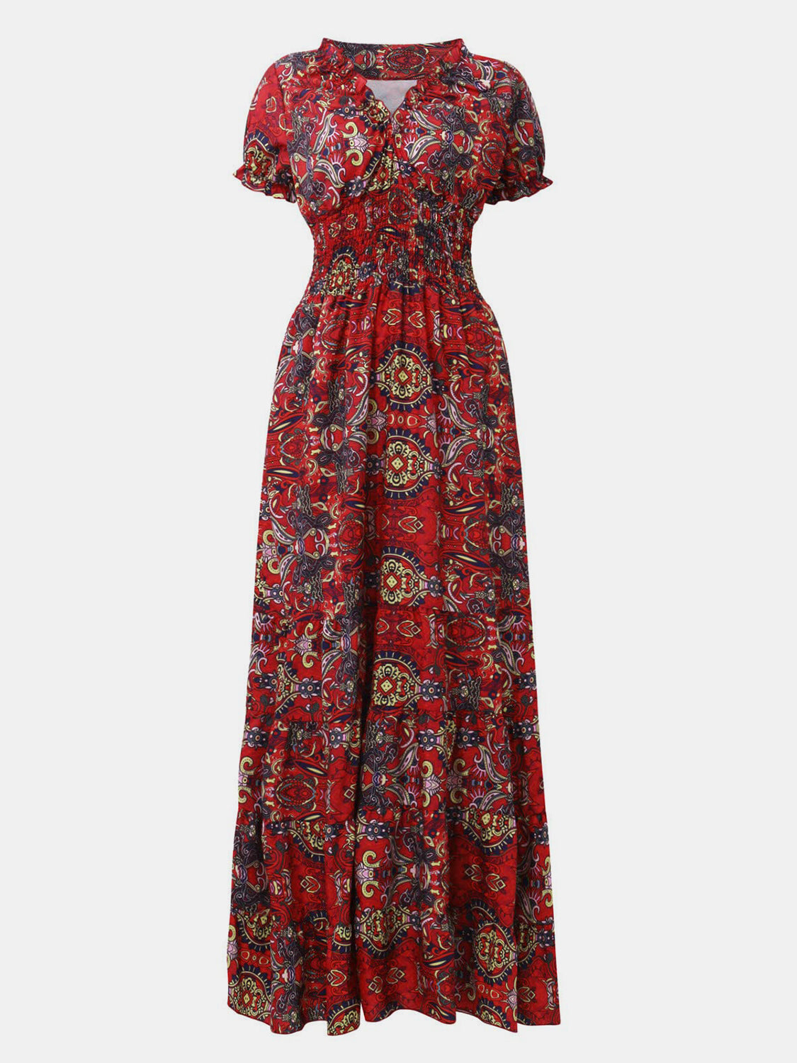 Full Size Smocked Printed V-Neck Short Sleeve Dress - The Daily Makeover