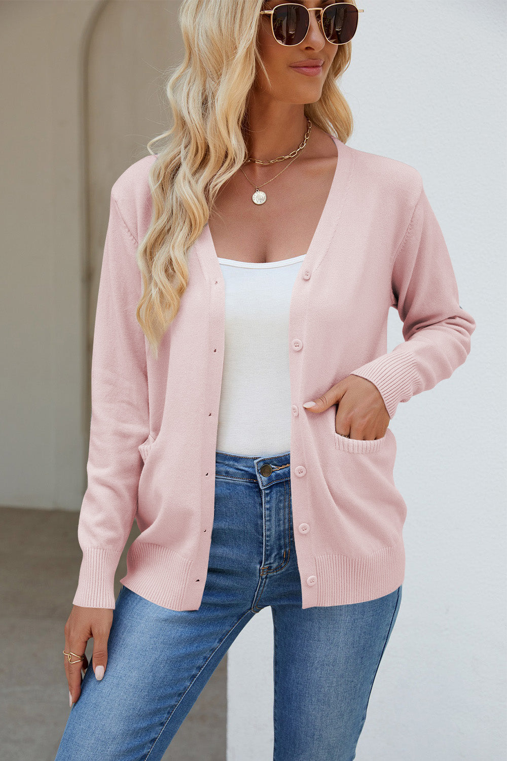 Pocketed V-Neck Button Up Long Sleeve Cardigan - The Daily Makeover
