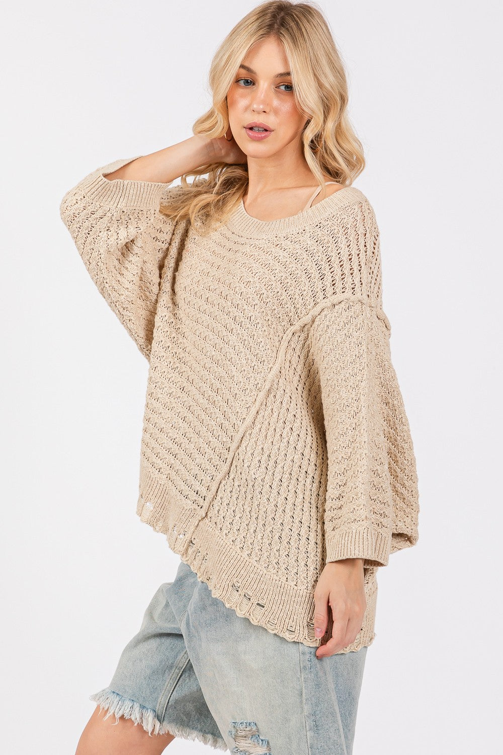 SAGE + FIG Distressed Asymmetrical Open Stitch Sweater - The Daily Makeover