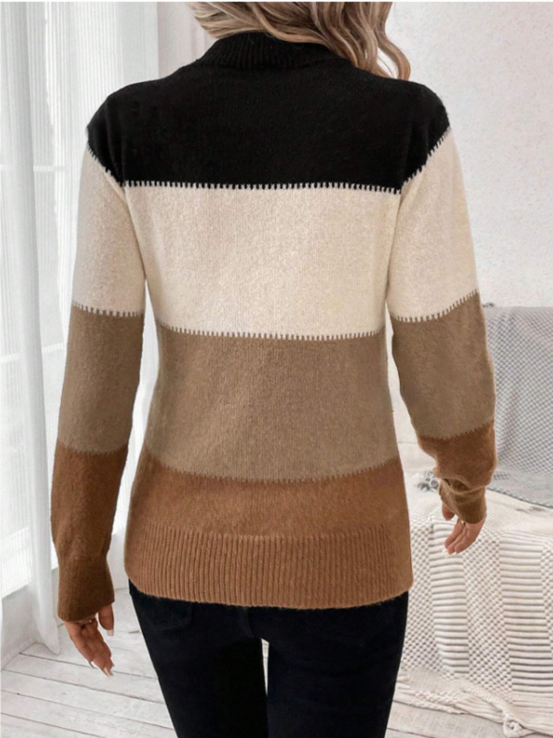 Color Block Mock Neck Long Sleeve Sweater - The Daily Makeover