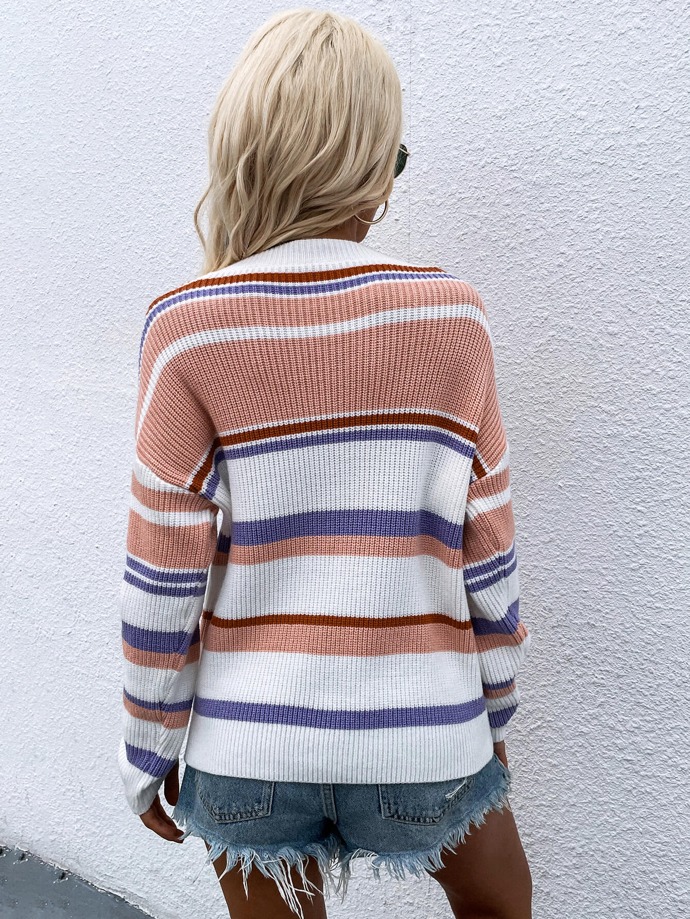 Striped Drop Shoulder Round Neck Pullover Sweater - The Daily Makeover