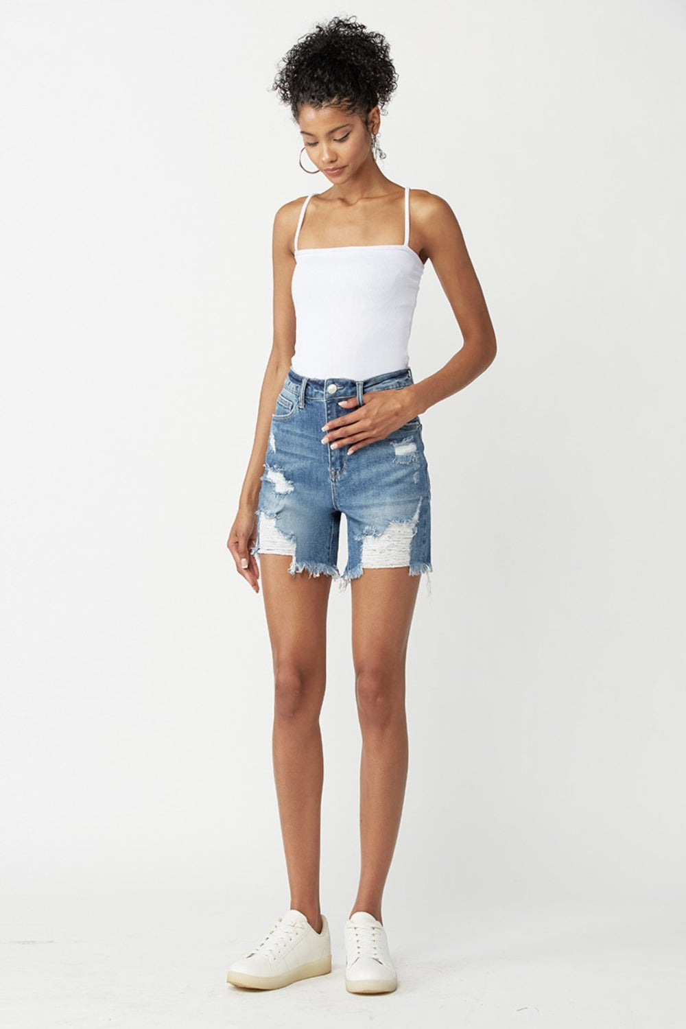 RISEN High Waisted Distressed Denim Shorts - The Daily Makeover