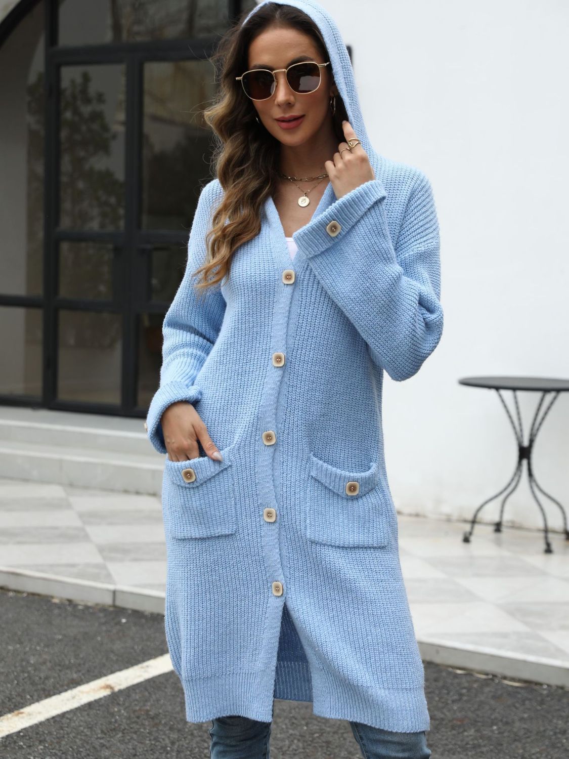 Pocketed Button Up Long Sleeve Hooded Cardigan - The Daily Makeover