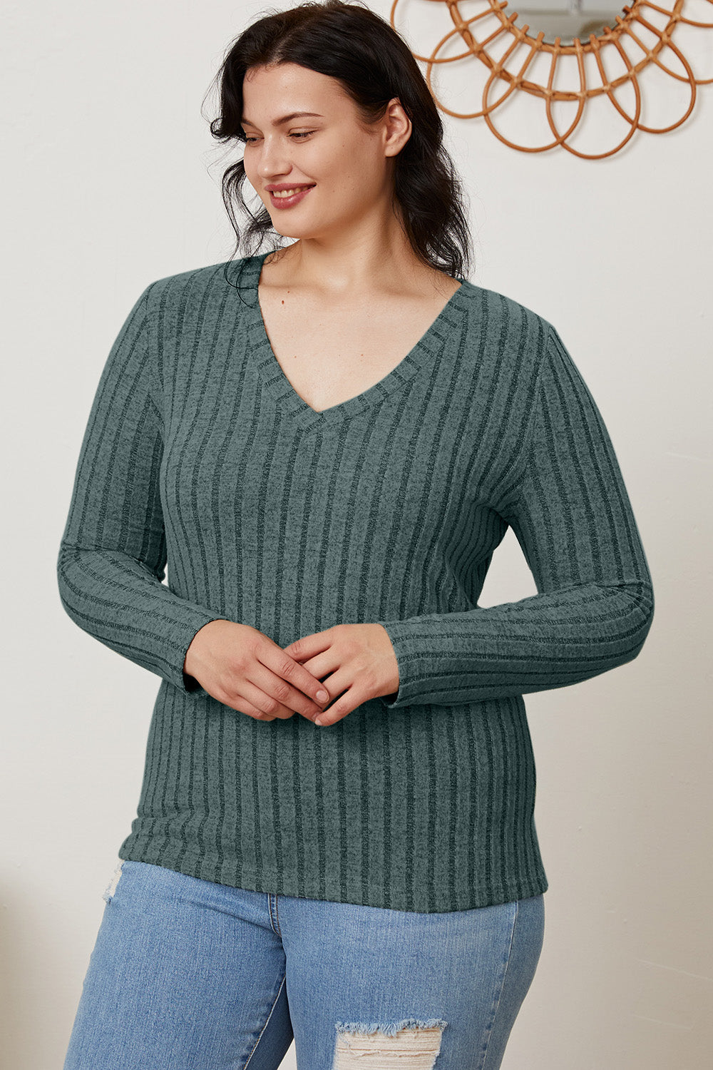 Full Size Ribbed V-Neck Long Sleeve T-Shirt - The Daily Makeover